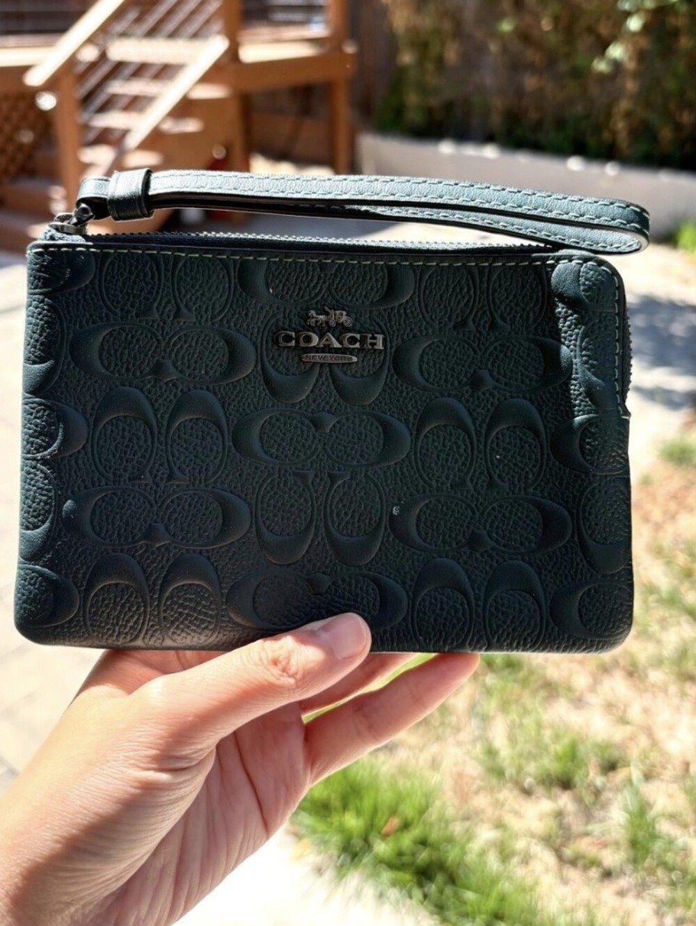 Coach Corner Wristlet Wallet In Leather Dark Green with Signature Logo